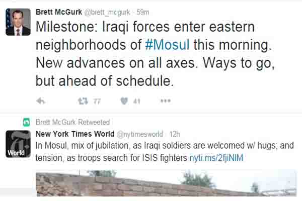 قال ماكغورك على صفحته بان الجيش دخل الموصل
