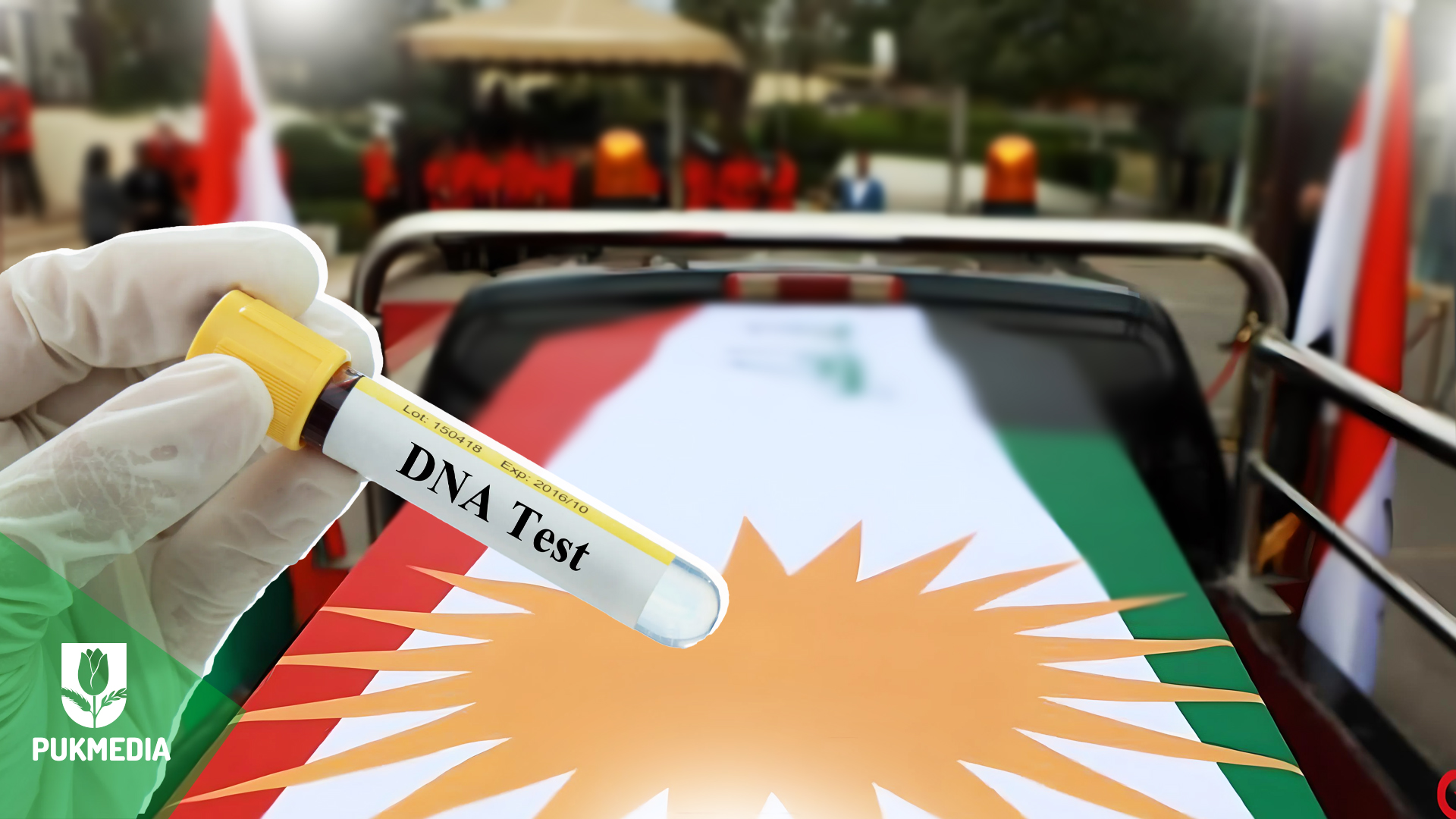  Blood sample and Kurdistan flag in the background.