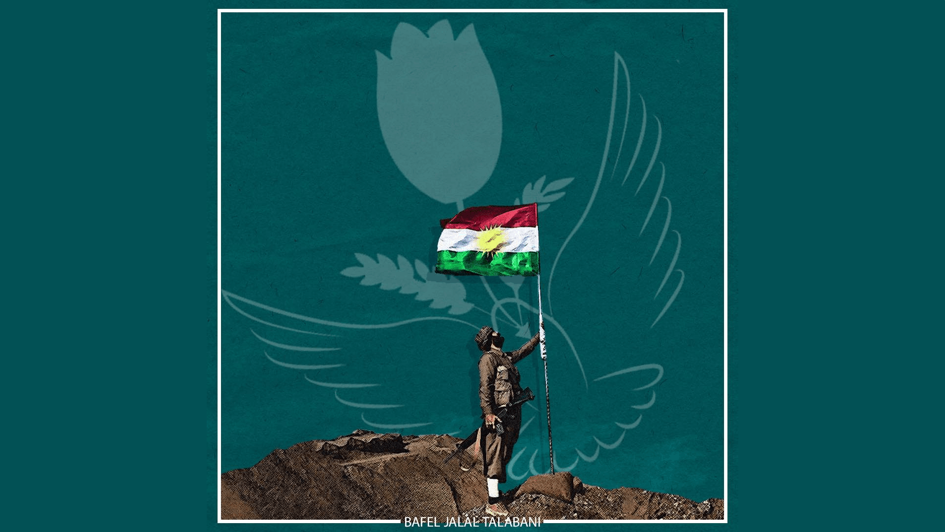  A Peshmerga holding Kurdistan flag.