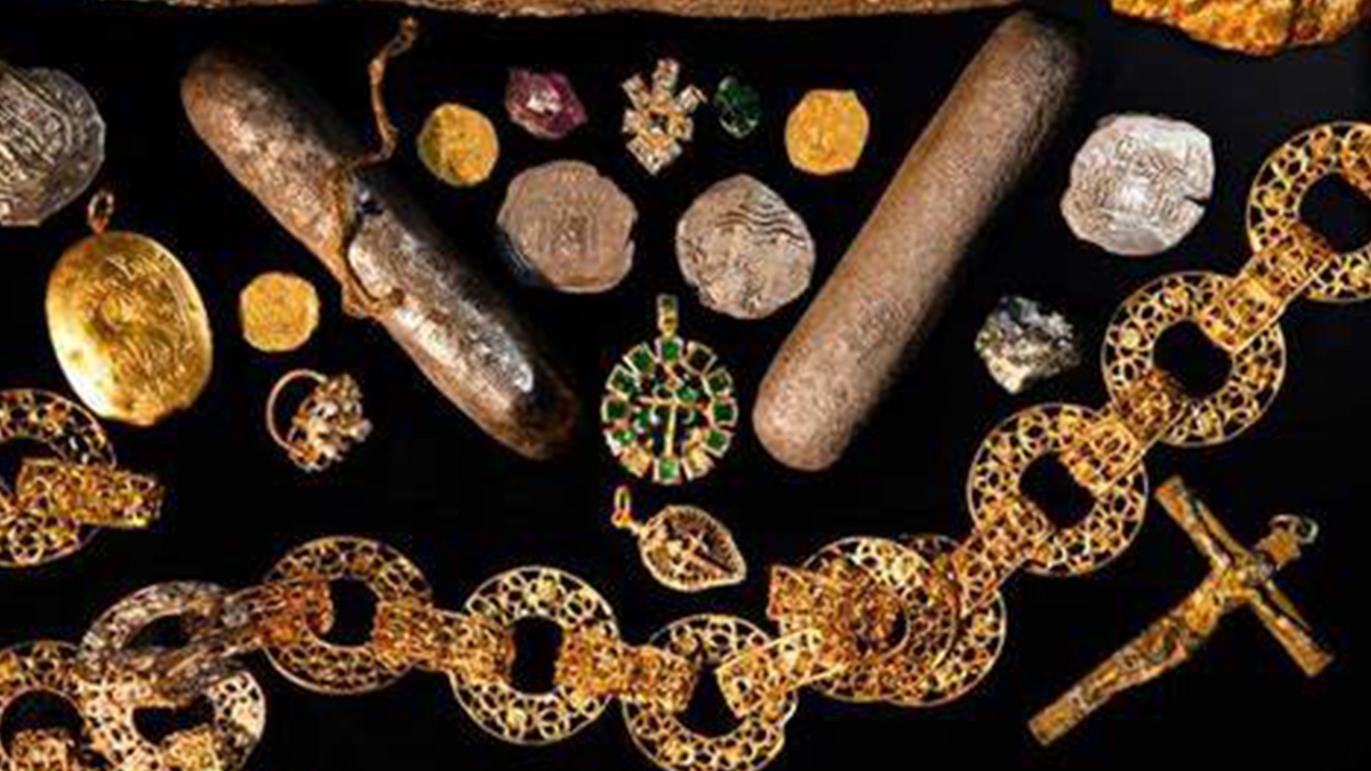 Gold, jewellery and coins from the debris trail of the Maravillas. Photograph: Brendan Chavez