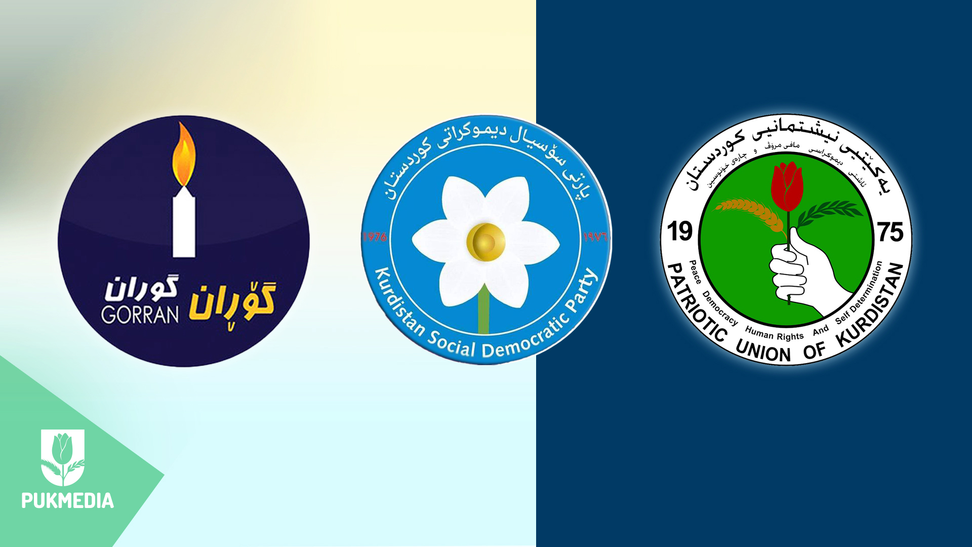 From right to left, the logos of PUK, Kurdistan Social Democratic Party, and Gorran Movement 