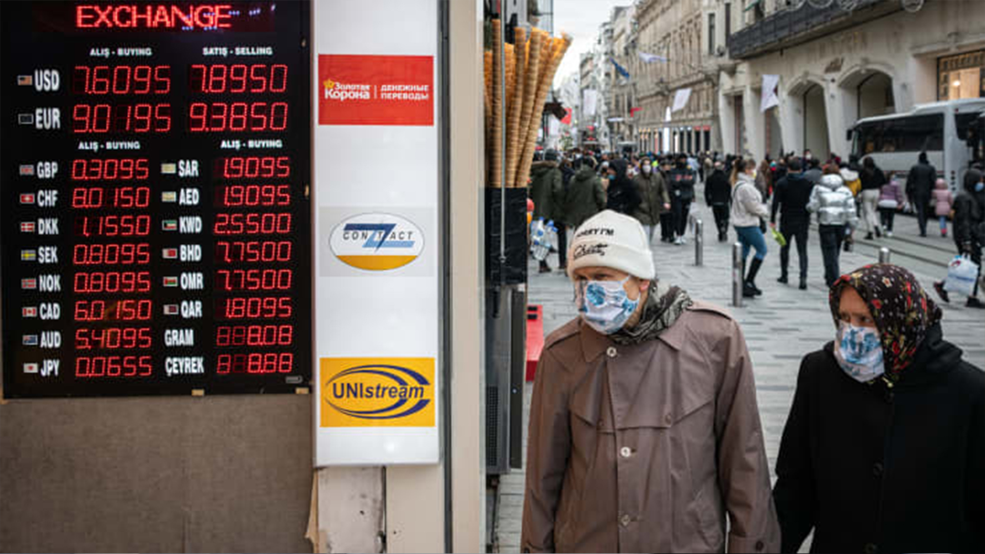  Pedestrians pass exchange office’s showing weakened rates for the lira on Istanbul’s Istiklal street, Turkey on 24 March, 2021. Diego Cupolo | NurPhoto | Getty Images