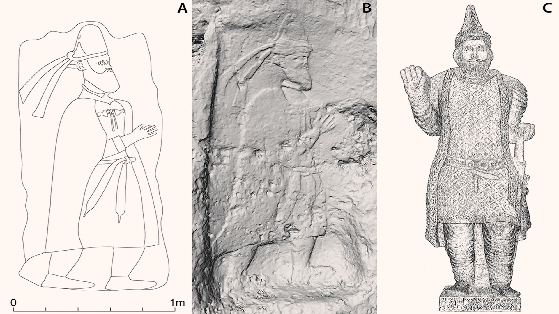 Merquly rock-relief (A), Rabana rock-relief (B), the statue from Hatra of King ’tlw/Attalos of Adiabene (C). Image credit: Michael Brown / Rabana-Merquly Archaeological Project.