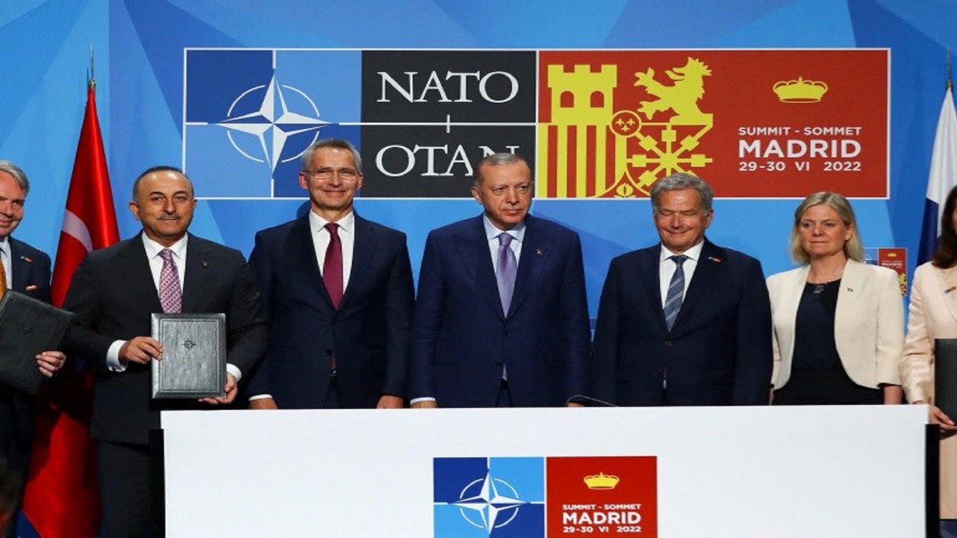  Turkish President Recep Tayyip Erdogan, Finland's President Sauli Niinisto, Sweden's Prime Minister Magdalena Andersson and NATO Secretary-General Jens Stoltenberg deliver a statement during a NATO summit in Madrid, Spain on June 28, 2022 [Violeta S