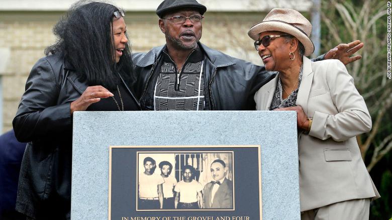 Relatives of the Groveland Four gather at the just-unveiled monument in front of the Old Lake County courthouse in Tavares, Fla., last year. (Credit: AP)